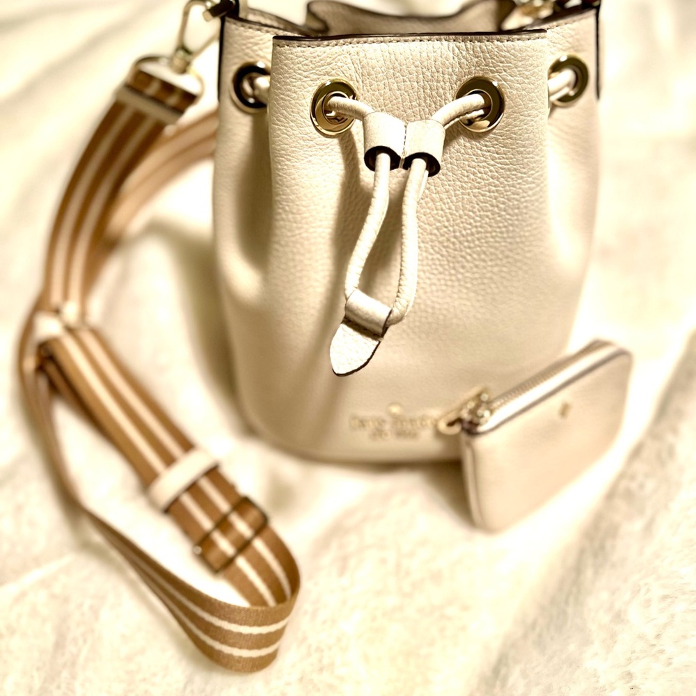 Kate Spade Ivory Mini Bucket Bag with Tan Striped Strap